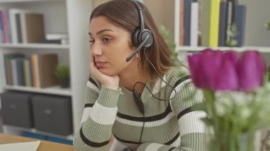 Kulaklık takan İspanyol kadın evde oturuyor. Etrafı kitaplar, çiçekler ve hoş dekorlarla çevrili. Sıradan bir telekomünikasyon yayıyor..