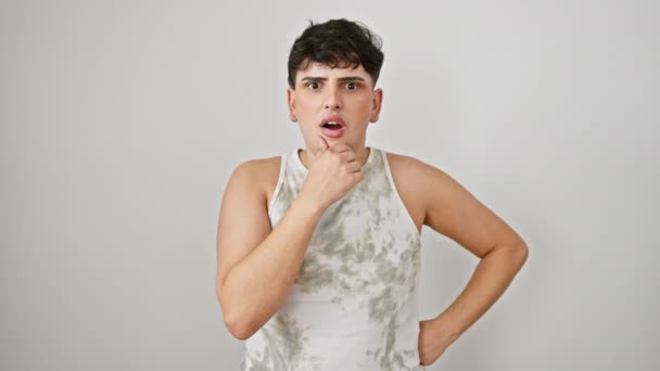 Shockingly Fashionable Young Adult Man Expressing Wonder Astonishment Hands Chin — Stock Video