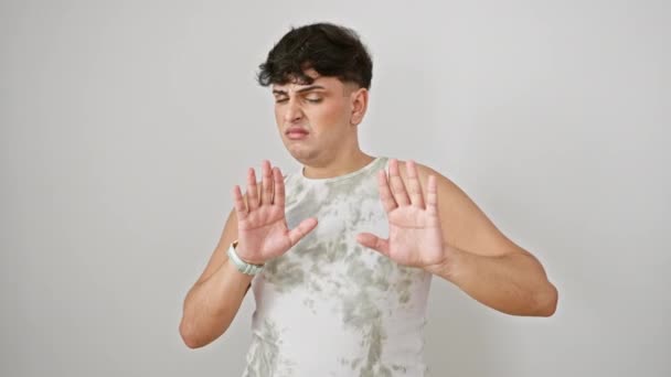 Young Man Sleeveless Tee Showing Refusal Palms Wearing Afraid Disgusting — Stock Video