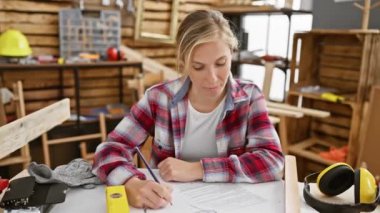 Genç, güzel ve sarışın kadın marangoz, marangozluk atölyesinde komik bir portre, masada otururken komik bir ifadeyle mutlu bir şekilde dillerini uzatıyor, pozitif duygular yayıyor.
