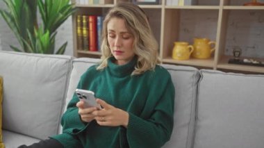 Kafkasyalı genç bir kadın, rahat bir oturma odasında akıllı telefon kullanıyor, günlük teknoloji nişanını canlandırıyor..