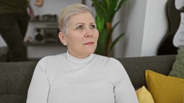 Olgun bir kadın, sıcak bir oturma odasında genç bir adamdan sevgi dolu bir sarılma alırken gülümser..