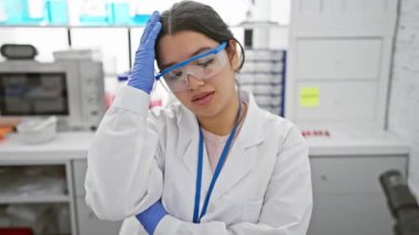 Laboratuvarda gerginlik, çivi yiyen genç, güzel İspanyol bilim adamı, hastane laboratuarında stres.