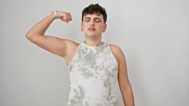Kolsuz tişörtle güçlü kol kaslarıyla gösteriş yapan yakışıklı genç adam spor salonuna hazır, lgbtq gücü yayıyor ve izole edilmiş beyaz arka plan duvarına fitness özgüveni yayıyor.