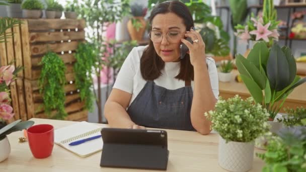 Hispanic Woman Talking Phone Flower Shop Surrounded Plants Taking Notes — Stock Video