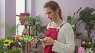 Önlüklü gülümseyen kadın şık bir çiçekçinin içinde akıllı telefon kullanıyor..