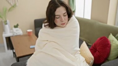 Battaniyeye sarılı düşünceli bir kadın rahat bir oturma odasında rahatça oturur, rahat ve sade bir atmosferi anımsatır..