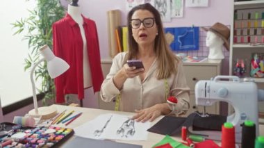 İspanyol kadın moda tasarımcısı atölyede akıllı telefon kullanıyor. Manken, eskiz ve dikiş makinesi var.