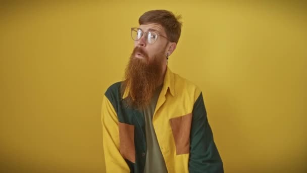 Fröhlicher Rotschopf Stolz Brille Und Hemd Vor Gelbem Hintergrund Posierend — Stockvideo