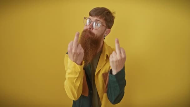 Cheeky Young Redhead Guy Glasses Shirt Flashing Crude Fuck Sign — стоковое видео