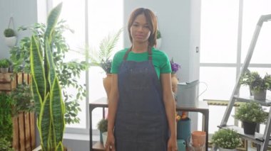 Neşeli Afro-Amerikan kadın çiçekçi önlük takıyor, kendine güvenen gülüşü ile hava atıyor, çiçekçi dükkanında mutlu ve pozitif görünüyor. Neşeli ve çekici yetişkin onun başarısının tadını çıkarıyor..