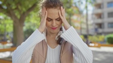 Stresli genç bir kadın, elleri yüzü ve kafasında, yemyeşil bir ortamda endişe ve baş ağrısı ile parkta duruyor..