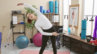 Genç bir kadın fizyoterapi salonunda egzersiz yapıyor, sağlık ve spor malzemelerini etrafta sergiliyor..