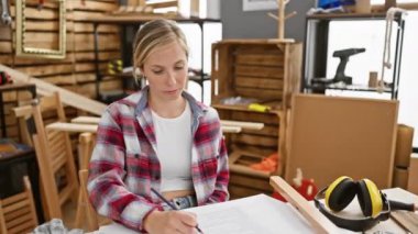 Ciddi görünümlü genç sarışın kadın, rahat bir marangoz, marangoz masasında oturmuş kameraya ciddi ciddi bakarken yüzünde doğal ve basit bir ifadeyle.
