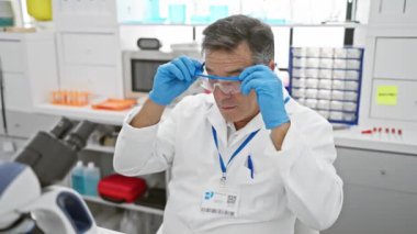 Laboratuvar önlüklü olgun bir adam, laboratuarda kapalı mekanlarda bardakları analiz eder. Bir anlık tefekkür ve çalışma sergiler..