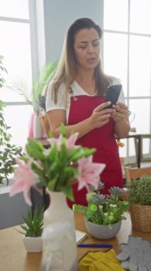 Evde akıllı telefon kullanan İspanyol bir kadın. Masasında bahçe eldivenleri ve bitkiler var. Sıradan, evcil bir ortam yaratıyor..