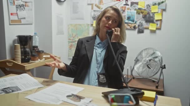Ung Blond Kvinne Detektiv Kontor Telefonen Undersøke Bevis Innendørs Politistasjon – stockvideo