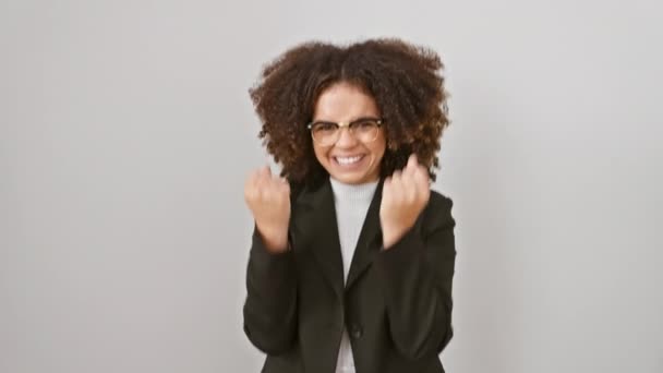 Excited Curly Haired Hispanic Woman Standing Victory Gleefully Screaming Her — Stock Video