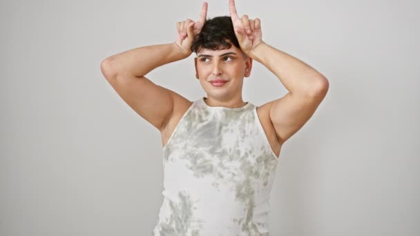 Young Handsome Man Playfully Wearing Sleeveless Shirt Posing Isolated White — Stock Video