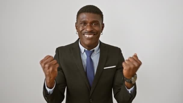 Joyful African American Man Suit Celebrating Victory Win Arms Raised — Stock Video