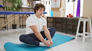 Kliniğin rehabilitasyon odasında yoga minderine uzanan yakışıklı İspanyol.
