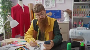 Bir terzide sakallı bir adam akıllı telefon kullanıyor ve dikiş makinesi ve renkli ipliklerin yanında bir tasarım çiziyor..