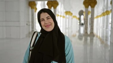Abu Dabi 'deki caminin süslü koridorunda tesettürlü gülümseyen kadın.