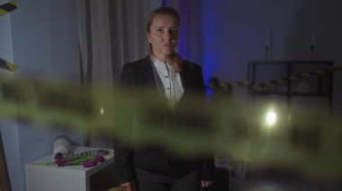 Ciddi bir kadın dedektif olay yerini kapalı bir yerde araştırıyor, görünür kanıtlar, güller ve uyarı bandıyla..