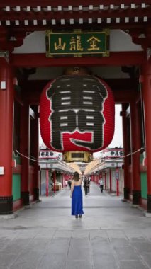 Senso-ji tapınağındaki devasa Asya feneriyle büyülenen gözlüklü neşeli İspanyol kadın Tokyo 'nun geleneksel kültür noktasında fantastik seyahat anıları yaratıyor..