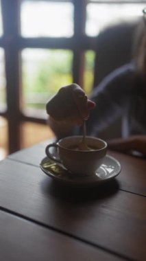 Kapalı bir ortamda bir fincan kahveyi karıştıran bir kadının eli doğal ışıklandırmayla, huzur ve rahatlama hissi veriyor..