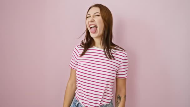 Fun Loving Young Brunette Girl Striped Tshirt Sticking Tongue Out — Αρχείο Βίντεο