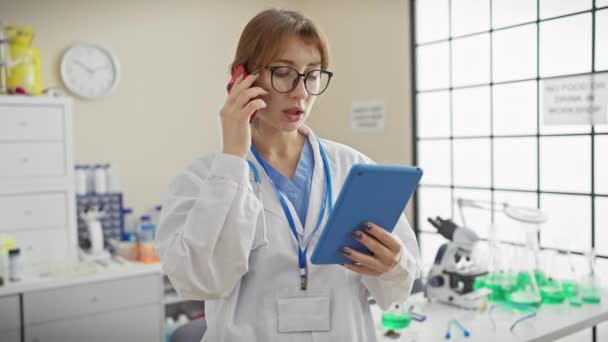 Mujer Científica Labcoat Usando Tableta Smartphone Laboratorio Investigación — Vídeos de Stock