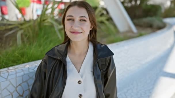 Smile Unge Brunette Kvinne Iført Skinnjakke Poserer Utendørs Urban Street – stockvideo