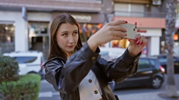 Eine Junge Brünette Frau Macht Ein Selfie Auf Einer Belebten — Stockvideo