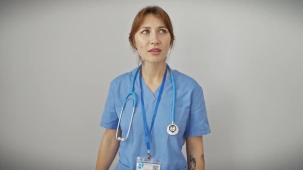 Animada Jovem Médica Caucasiana Inteligente Feliz Aponta Dedo Para Cima — Vídeo de Stock