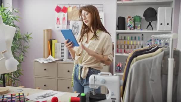 Uma Mulher Focada Alfaiate Comentários Desenhos Tablet Atelier Moda Bem — Vídeo de Stock