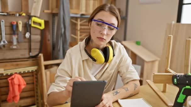 Seorang Wanita Terfokus Dengan Kacamata Keselamatan Dan Headphone Menggunakan Tablet — Stok Video