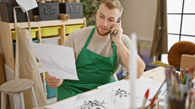 Yeşil önlüklü sakallı genç bir adam, parlak bir stüdyoda telefonla konuşurken sanat eserlerini analiz ediyor..