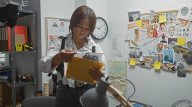 Afrika kökenli Amerikalı kadın dedektif bir polis karakolunun suç araştırma bürosundaki kanıtları inceliyor..