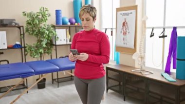 İyi donanımlı bir rehabilitasyon odasında akıllı telefon kullanan kadın terapist.