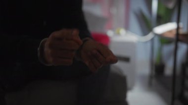 Afrika kökenli Amerikalı bir adam loş bir odada kelepçelenmiş, bu da bir sorgulama sahnesini akla getiriyor..