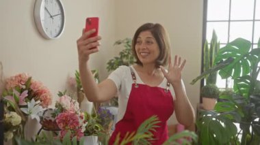 Çiçekçide selfie çeken gülümseyen bir kadın. Etrafı yemyeşil bitkilerle ve renkli düzenlemelerle çevrili. Neşeli bir ambiyansı canlandırıyor..