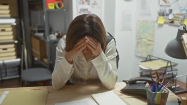 Detektif çevresindeki stresli bir kadın elinde evrak, harita ve ofis malzemeleriyle yoğun bir soruşturma alanı oluşturuyor..