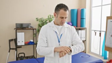 Kendine güvenen erkek sağlık uzmanı. Rehabilitasyon kliniğinde zeki bir şekilde çalışıyor. Modern tıbbi iş yeri sergiliyor..