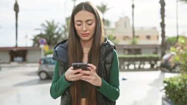 Açık havada palmiye ağaçları, şehir manzarası ve parlak gün ışığı olan akıllı telefon kullanan bir kadın..