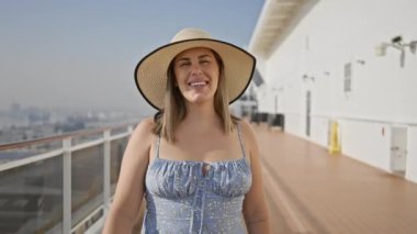 Güneş şapkalı gülümseyen kadın açık gökyüzü ve okyanus zeminiyle güneşli bir günün tadını çıkarıyor.
