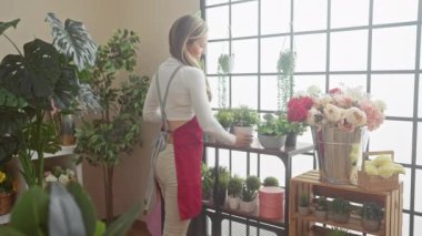 Sarışın bir kadın çiçekçide çiçek düzenliyor. Kırmızı önlük, saat ve yemyeşil bir ev..