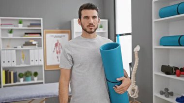 Kendine güvenen genç İspanyol bir adam rehabilitasyon kliniğinden seni işaret ediyor, yoga minderi tutuyor, bir seçim yapıyor, ciddi ve enerji dolu.