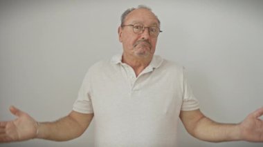 Hayal kırıklığına uğramış, gözlüklü orta yaşlı bir adam, yüksek sesle bağırıyor, ağızdan ağıza, vahşi bir öfke iletiyor. izole edilmiş beyaz arkaplan ve stresli ifade.