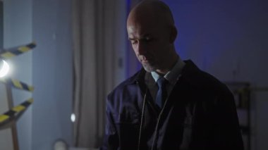 Kel dedektif karanlık odadaki suç mahallini yoğun bakışlar ve dramatik ışıklandırmalarla inceliyor..